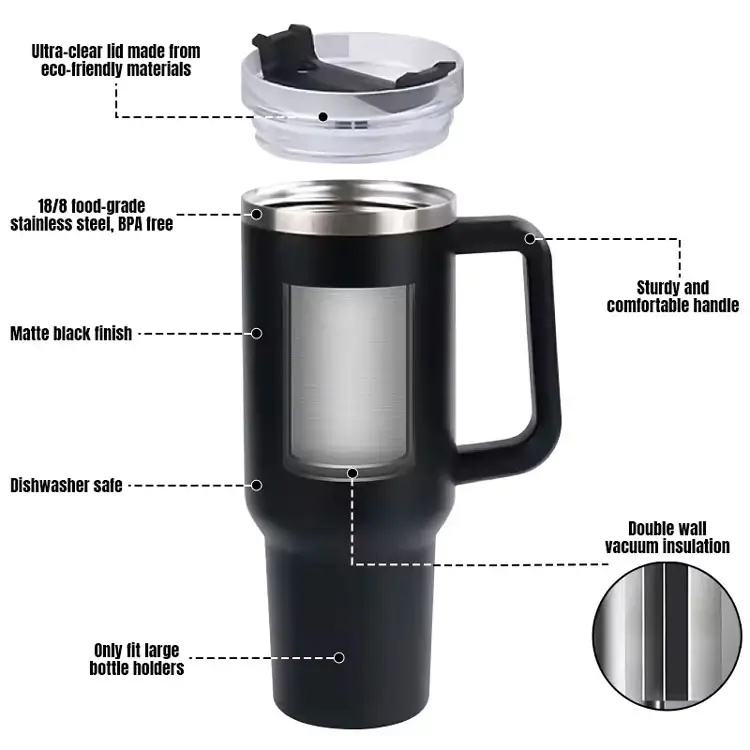 Stainless Steel Double Wall Vacuum Standard Metal Cup Travel Coffee Mug 40oz Tumbler With Handle
